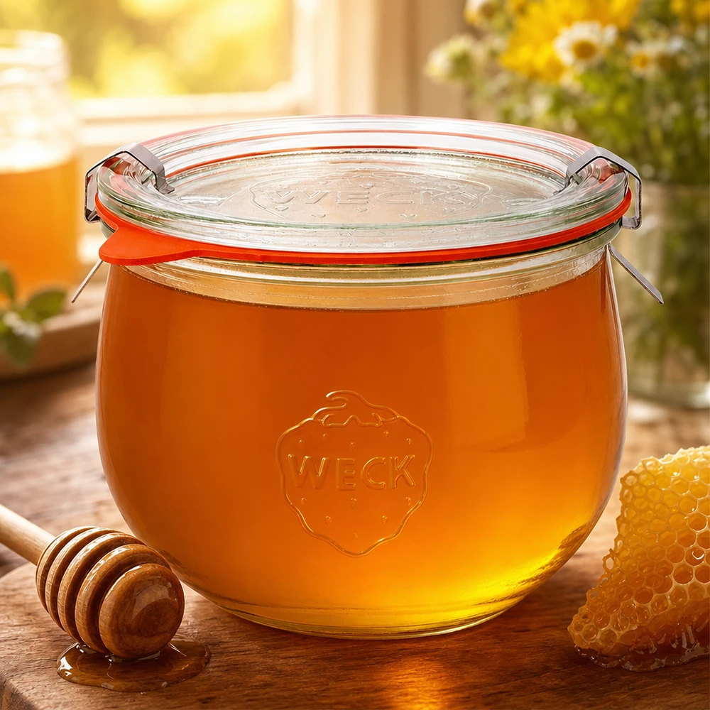 580ml Tulpenglas komplett WECK RR100 WECK Tulpenglas 580ml RR100 mit goldenem Honig befüllt neben Honiglöffel und Wabe als natürliche Süßspeicher