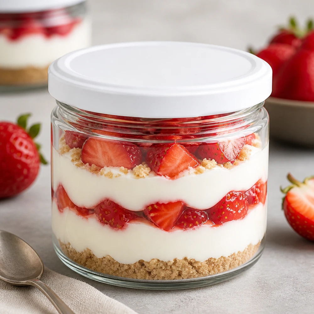 540ml Rundglas mit BasicSeal Deckel weiß UNiTWIST 540ml Rundglas BasicSeal weiß als Dessertglas mit Erdbeer-Tiramisu - stilvolles Portionsglas für Nachspeisen