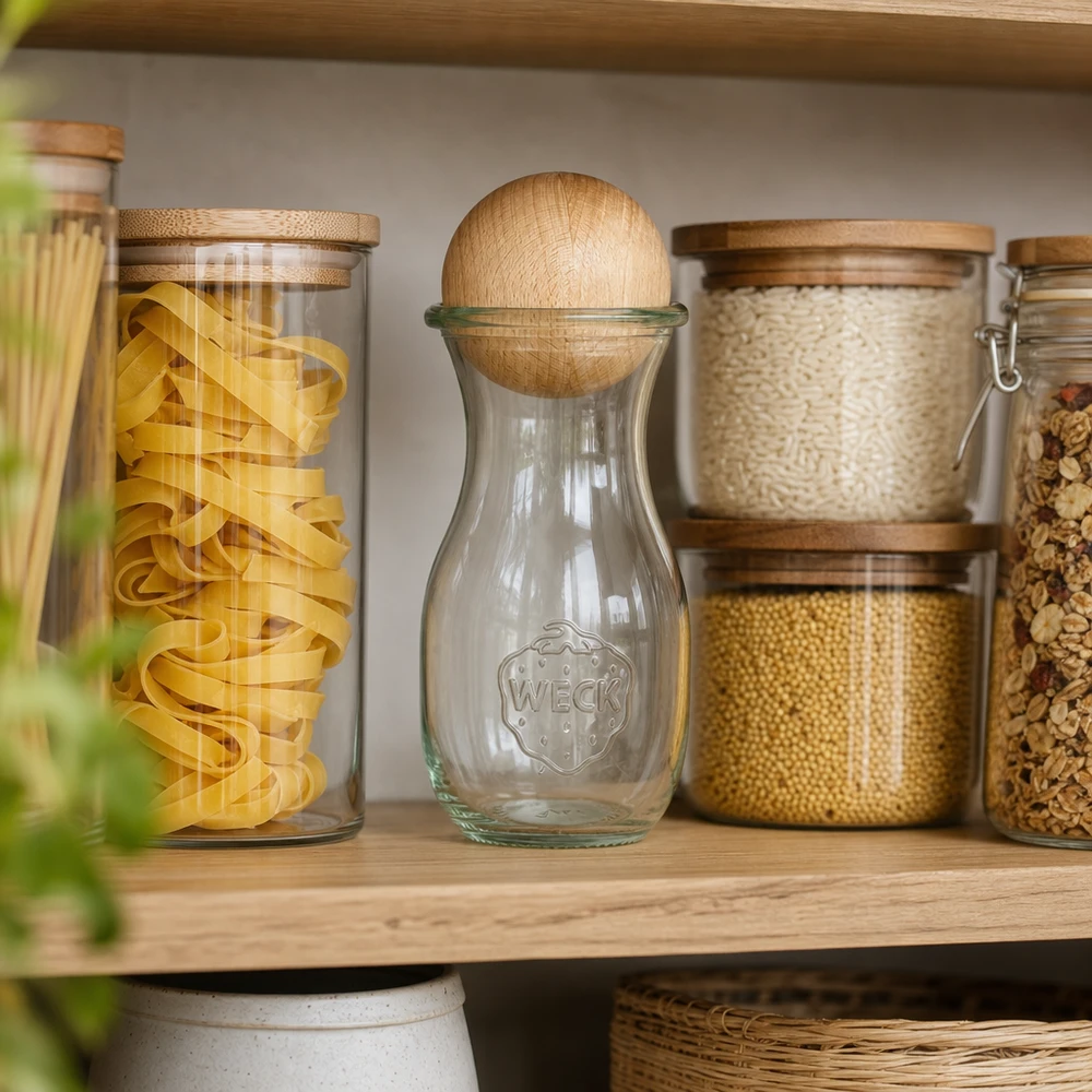 WECK Glasflasche 290ml RR60 mit Buchenkugel in organisierter Speisekammer zwischen Pasta-Gläsern und Vorratsbehältern
