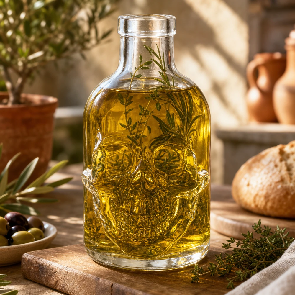 Totenkopf Glasflasche 200ml Jack mit Kräuteröl befüllt dekorativ arrangiert auf Holzbrett Küchenszenerie