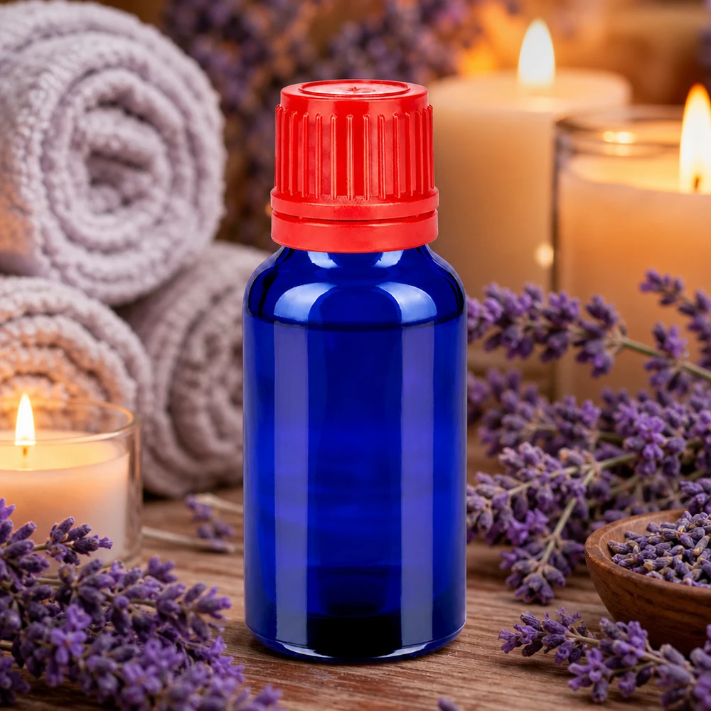 20ml Flasche 11mm Schraubverschluss rot Originalitätsverschluss BlueLine UT18/20 Premium 20ml Flasche aus kobaltblauem Glas mit rotem Sicherheitsverschluss