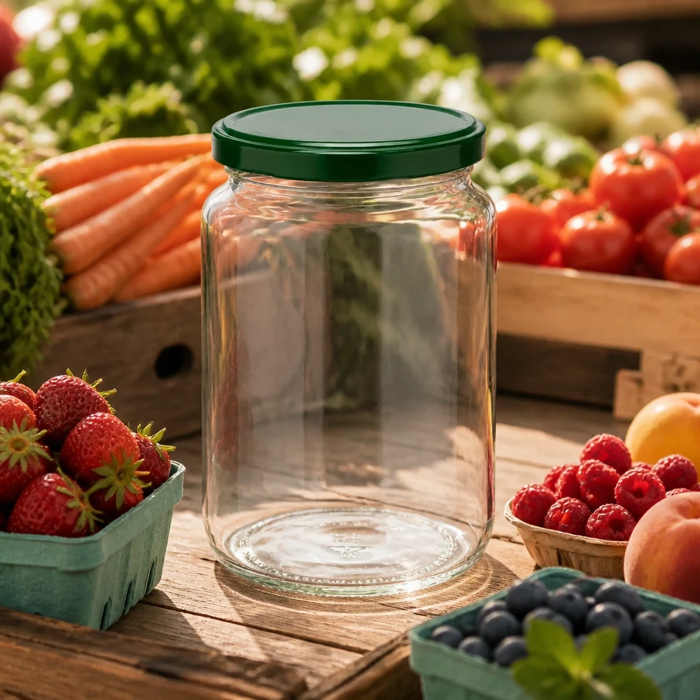 Leeres 795ml Rundglas UNiTWIST mit grünem Deckel umgeben von frischen Beeren, Obst und Gemüse auf Holzuntergrund