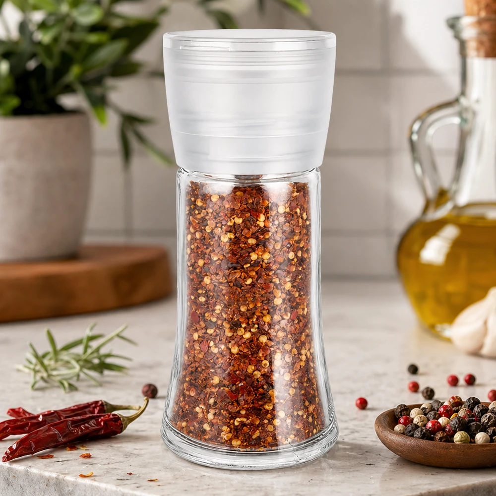 Salz-/Gewürzglas 95ml mit Mühle Vario weiss Nachfüllbares Salz- und Gewürzglas mit Mühle Vario weiss in Küchenumgebung mit Kräutern