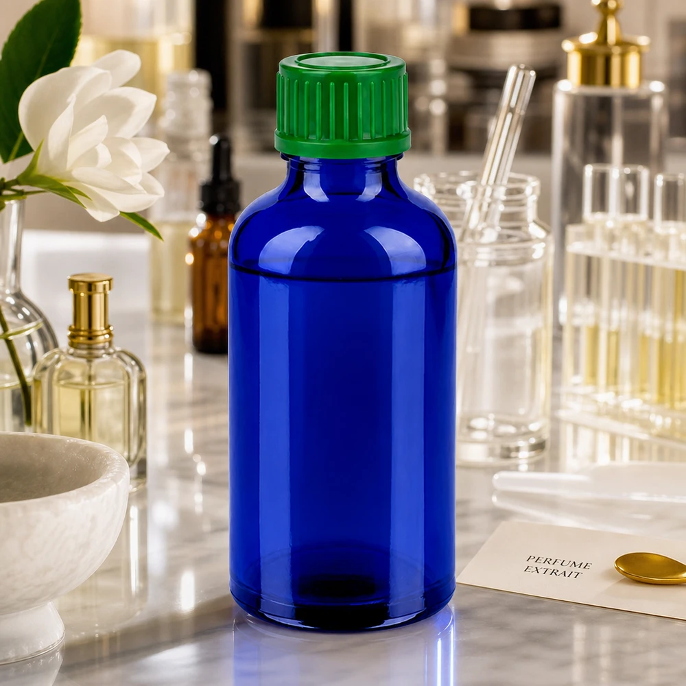50ml Flasche 11mm Schraubverschluss grün Standard BlueLine UT18/50 50ml BlueLine Glasflasche mit 11mm Öffnung und grünem Verschluss für Parfum und Aromamischungen
