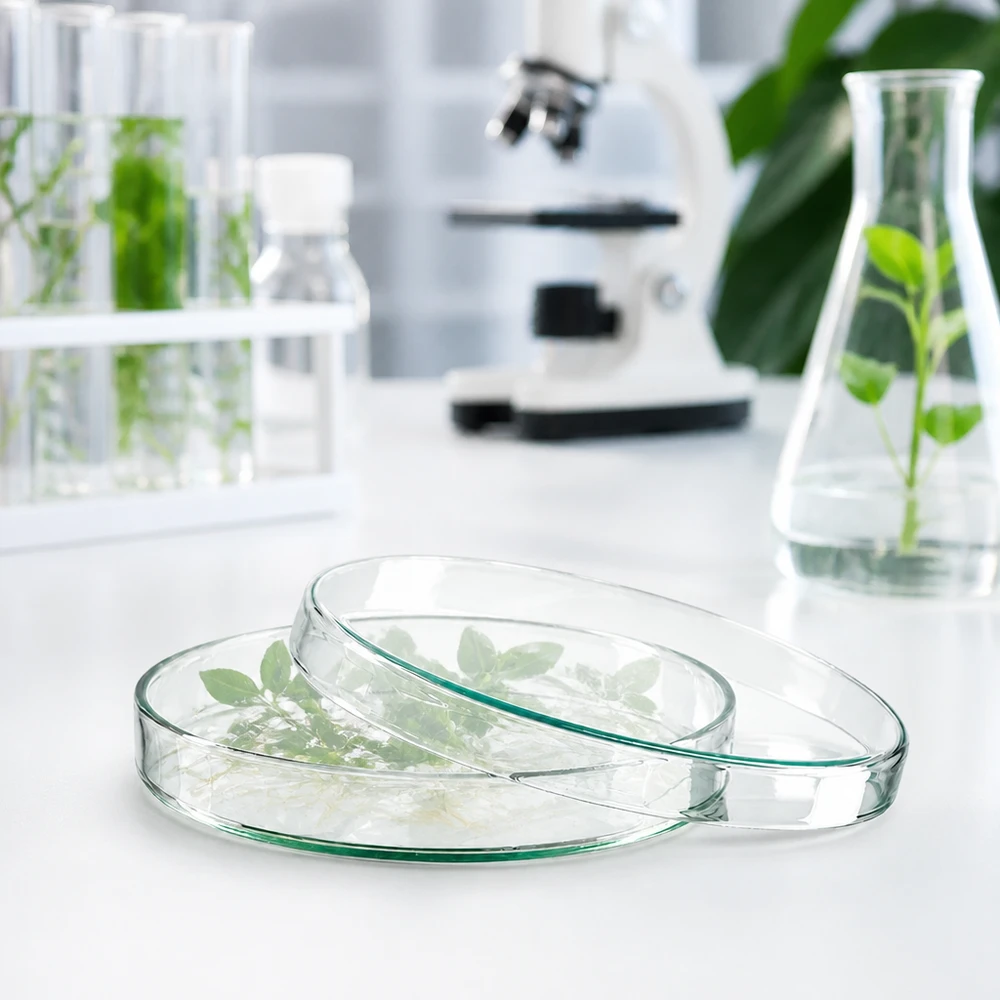 Laborpetrischale Glas 120x20mm für botanische Gewebekultur mit Mikroskop und Erlenmeyerkolben