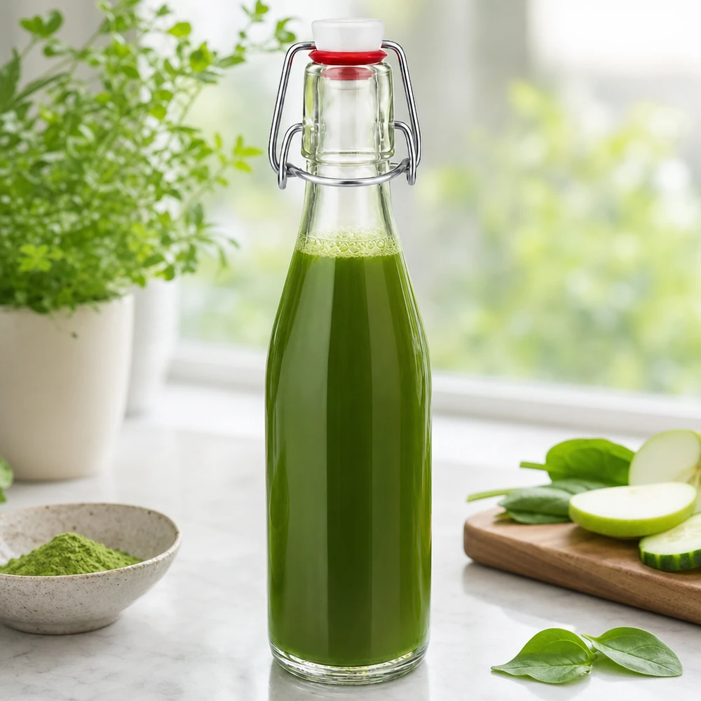 250ml Glasflasche und Bügelverschluss Porzellan UNiTWIST 250ml Glasflasche mit Bügelverschluss gefüllt mit grünem Smoothie, dekoriert mit frischen Kräutern und Gemüse