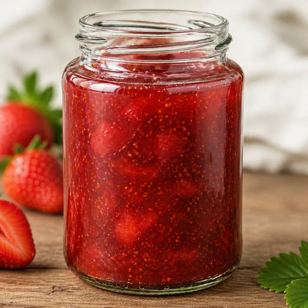 382ml Rundglas ohne Deckel (TO66) UNiTWIST Rundglas 382ml TO66 mit roter Erdbeermarmelade gefüllt neben frischen Erdbeeren auf Holztisch