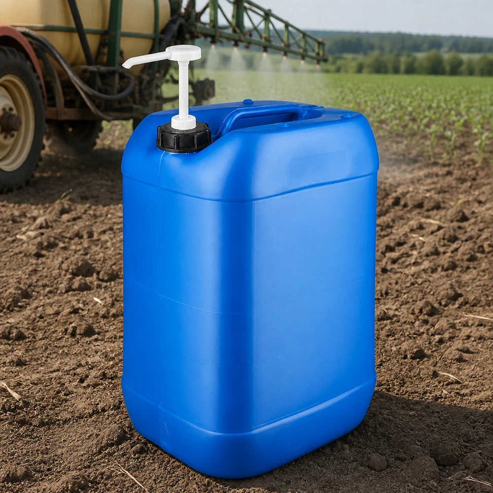 Kanister 25 Liter blau mit Dosierpumpe Rechteckiger blauer Flüssigkeitskanister 25 Liter mit Pumpaufsatz auf Ackerboden im Freien