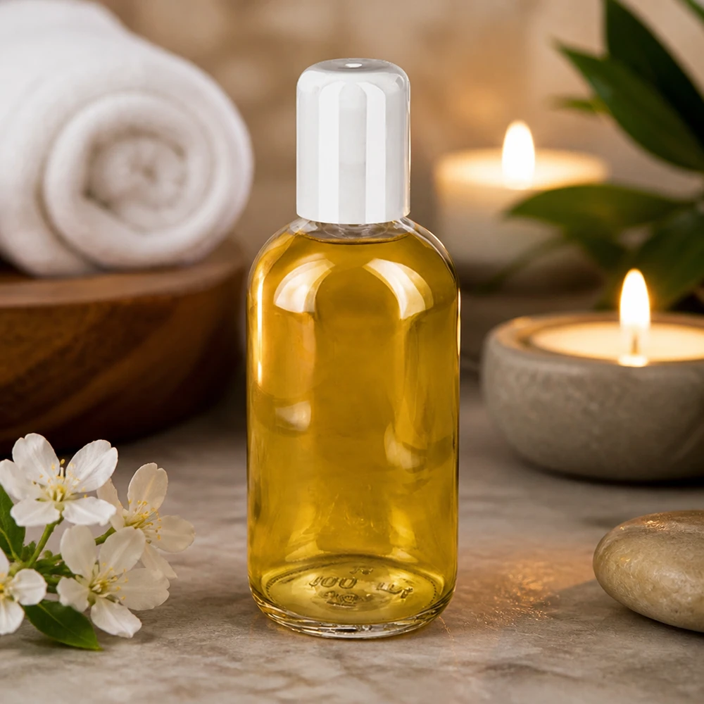 100ml Roll-On Flasche weiss STD ClearLine mit ätherischem Öl auf Marmor im Beauty-Ambiente