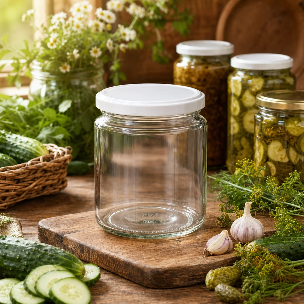250ml Honigglas leer mit weißem BasicSeal Deckel in rustikaler Einmachküche zwischen Gurken Knoblauch und Dill