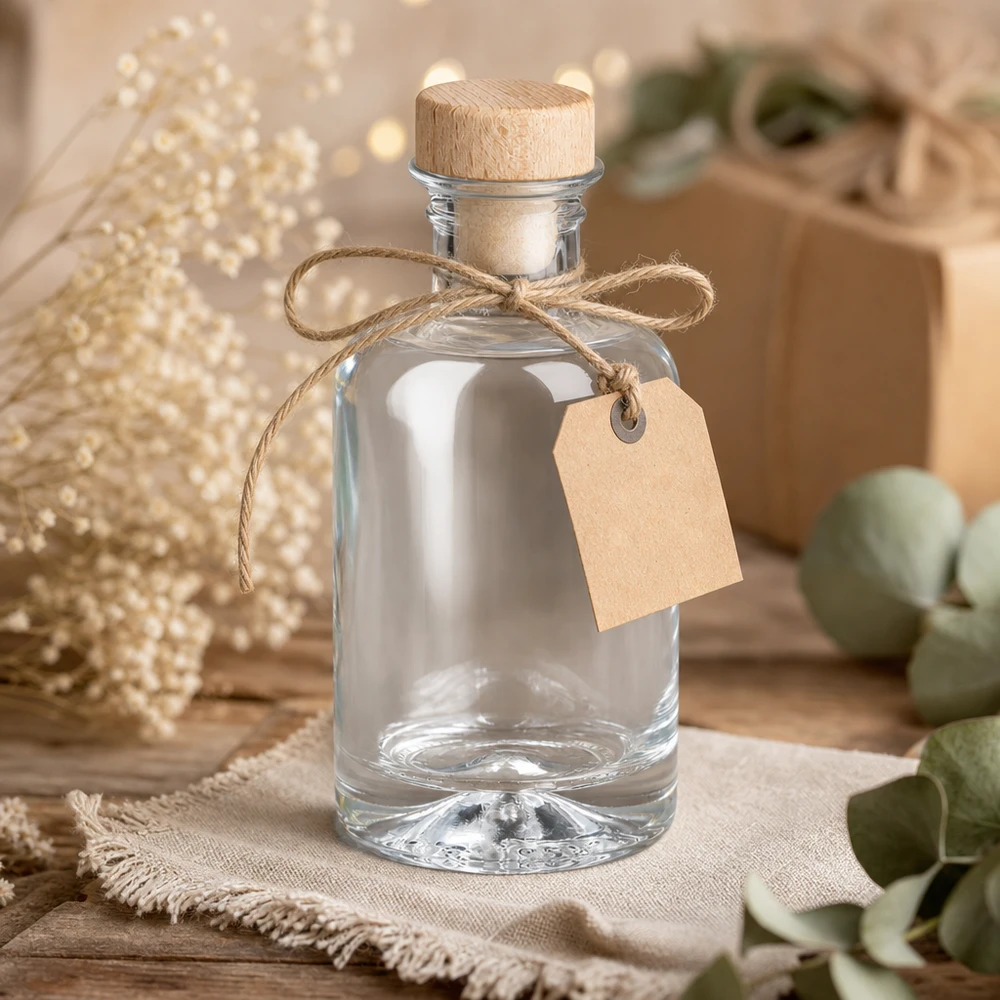 100ml Glasflasche Sofia mit Holzkorken leer als Geschenk mit Kraftpapier Anhänger und Jute Band rustikale Dekoration