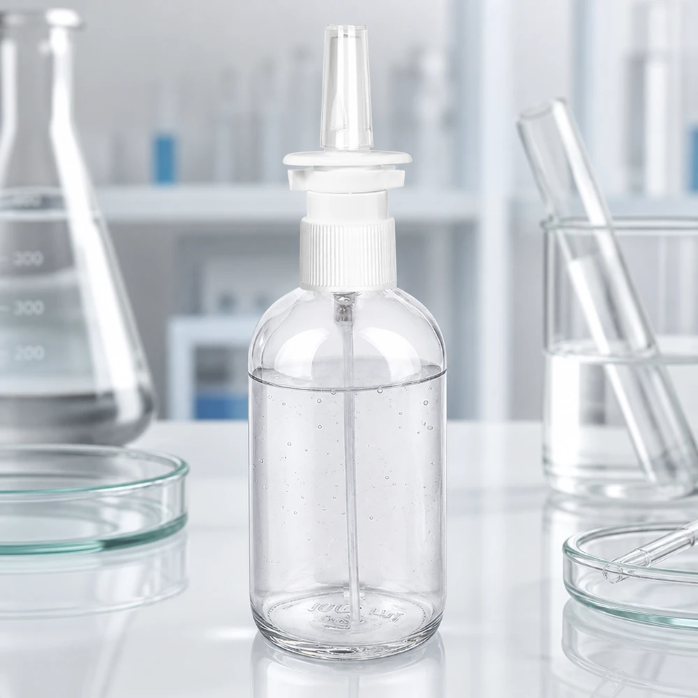 100ml Nasensprayflasche weiß/transparent Standardverschluss ClearLine UT18/100 100ml ClearLine Nasensprayflasche UT18 mit transparentem Nasenoliven-Aufsatz Detailansicht