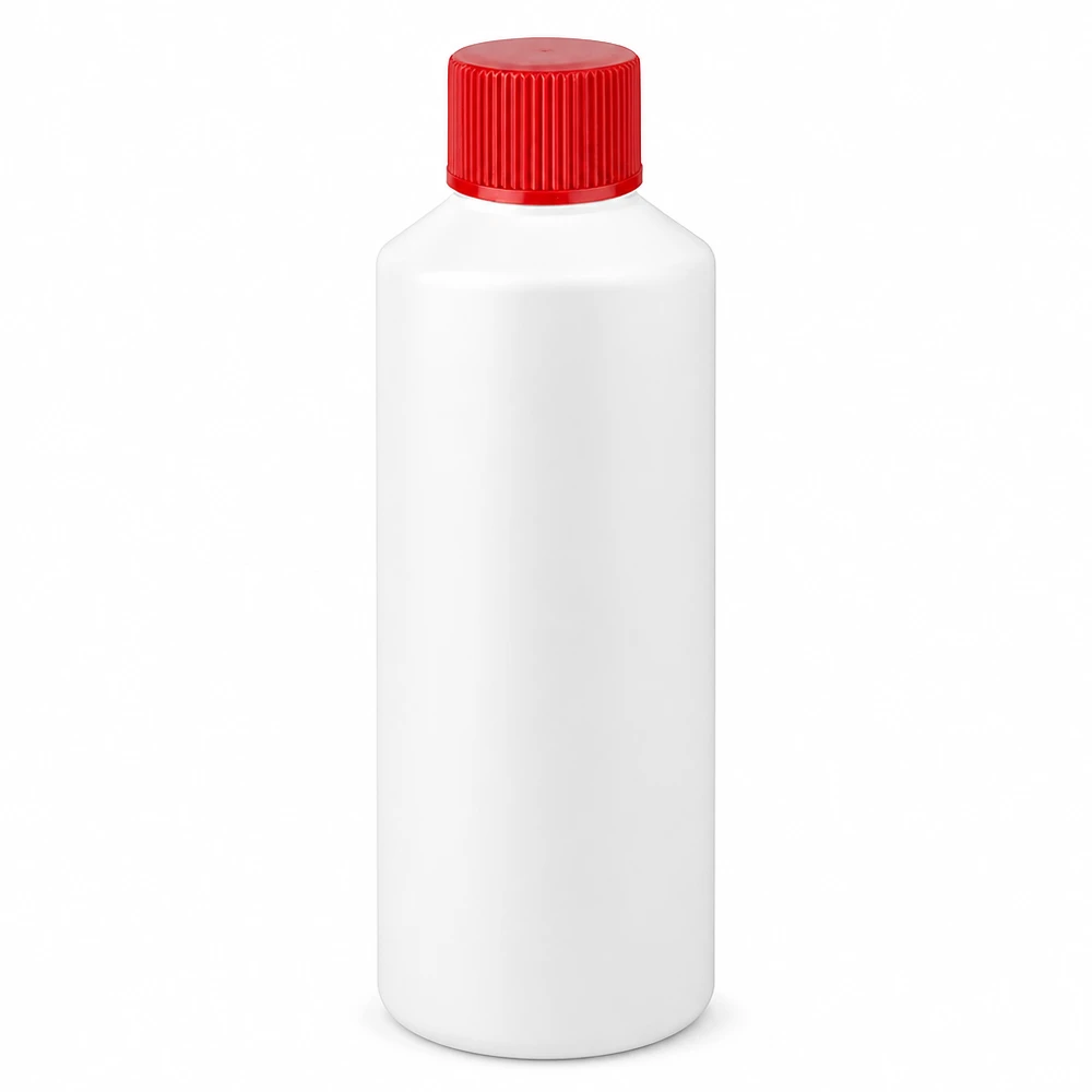 Apothekenflasche HDPE 100ml weiß, mit rotem Schraubverschluss Weiße Rundkopfflasche 100ml aus HDPE Kunststoff mit rotem Schraubverschluss