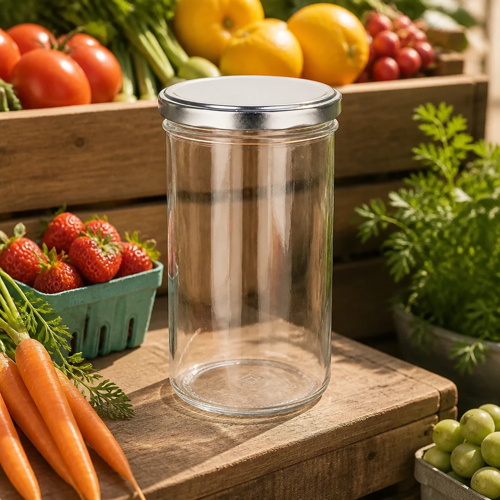 277ml Sturzglas mit BasicSeal Deckel silber UNiTWIST 277ml Sturzglas mit BasicSeal Deckel silber zwischen frischem Obst und Gemüse natürliche Küchenumgebung