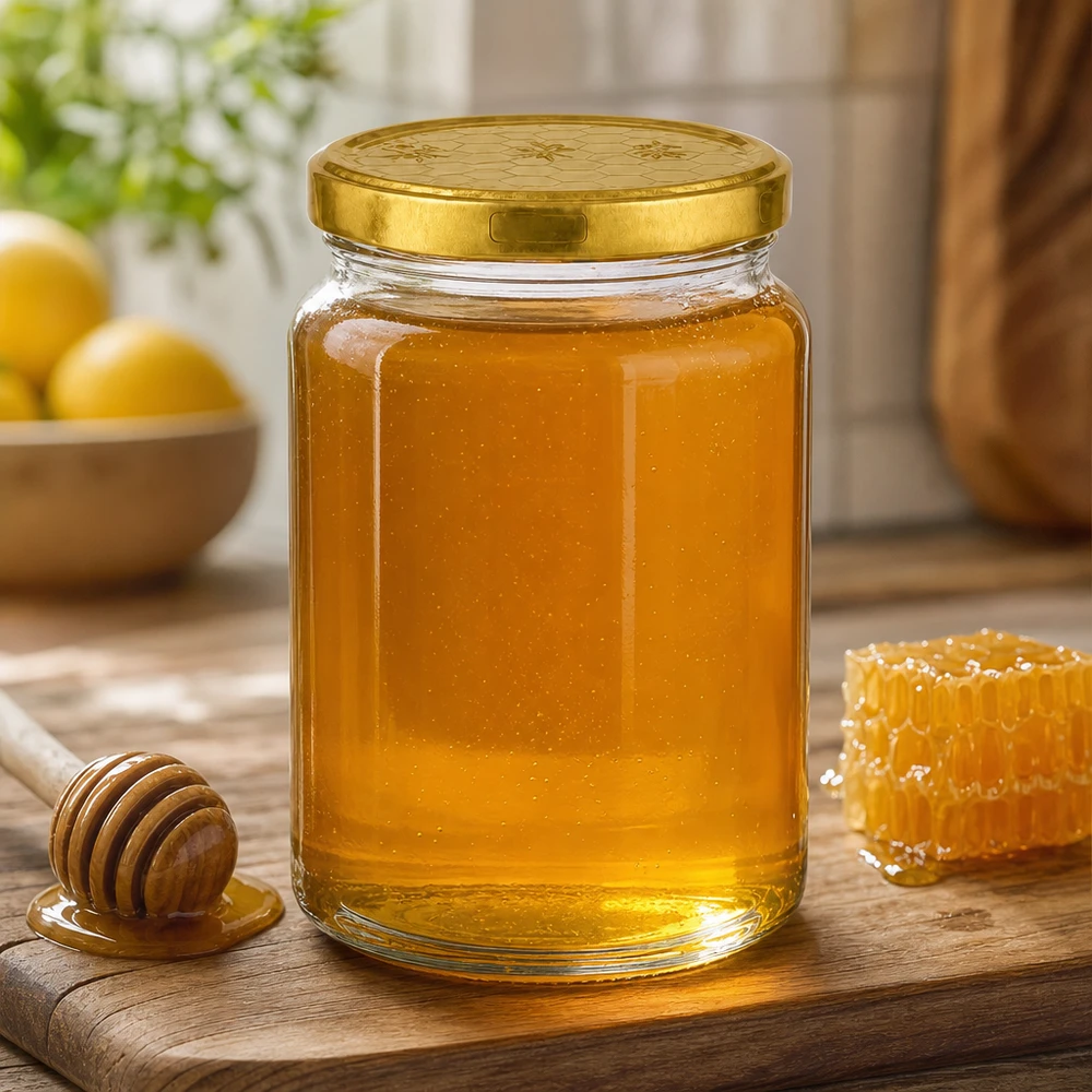 795ml Rundglas + BasicSeal Deckel Bienenwabe UNiTWIST 795ml Rundglas mit Honig gefüllt neben Bienenwabe und Honiglöffel auf Holzbrett in warmer Küchenatmosphäre