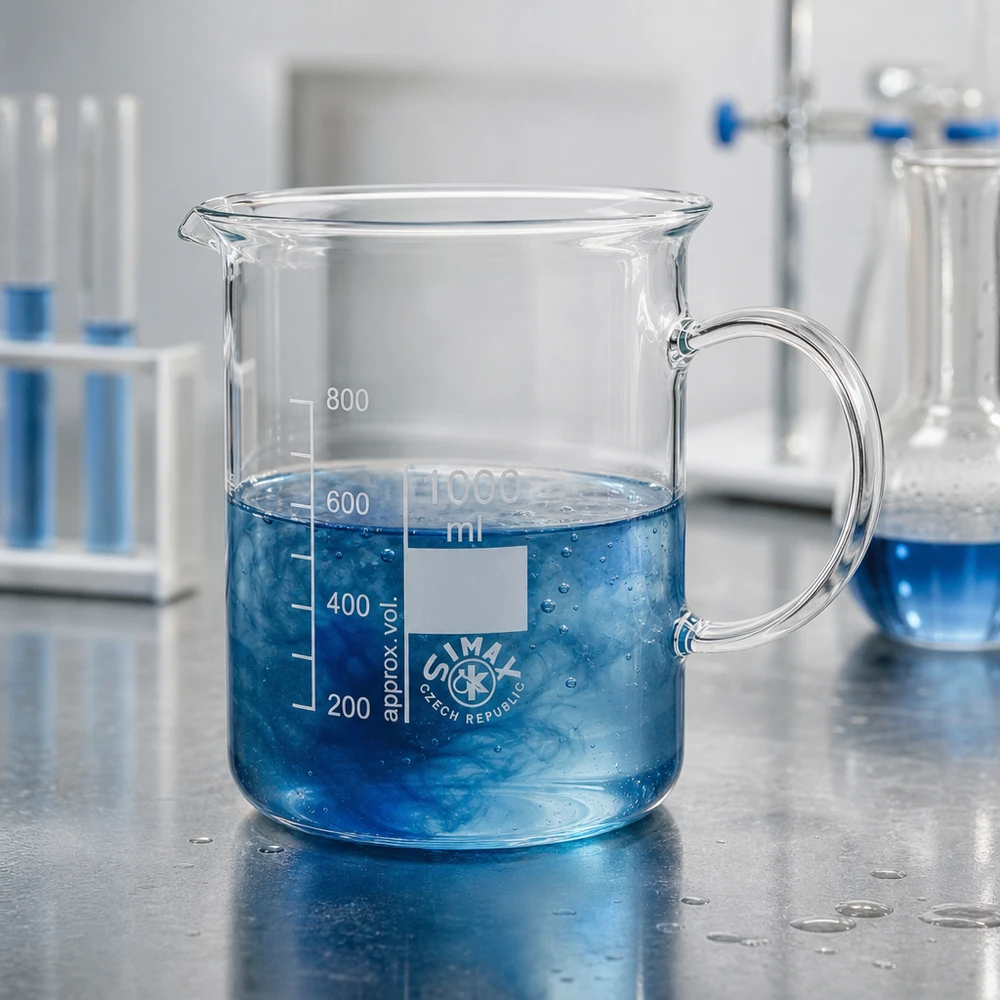 Laborglasware Becherglas 1000ml mit Glasgriff Ausgussnase und weißer Beschriftungsfläche