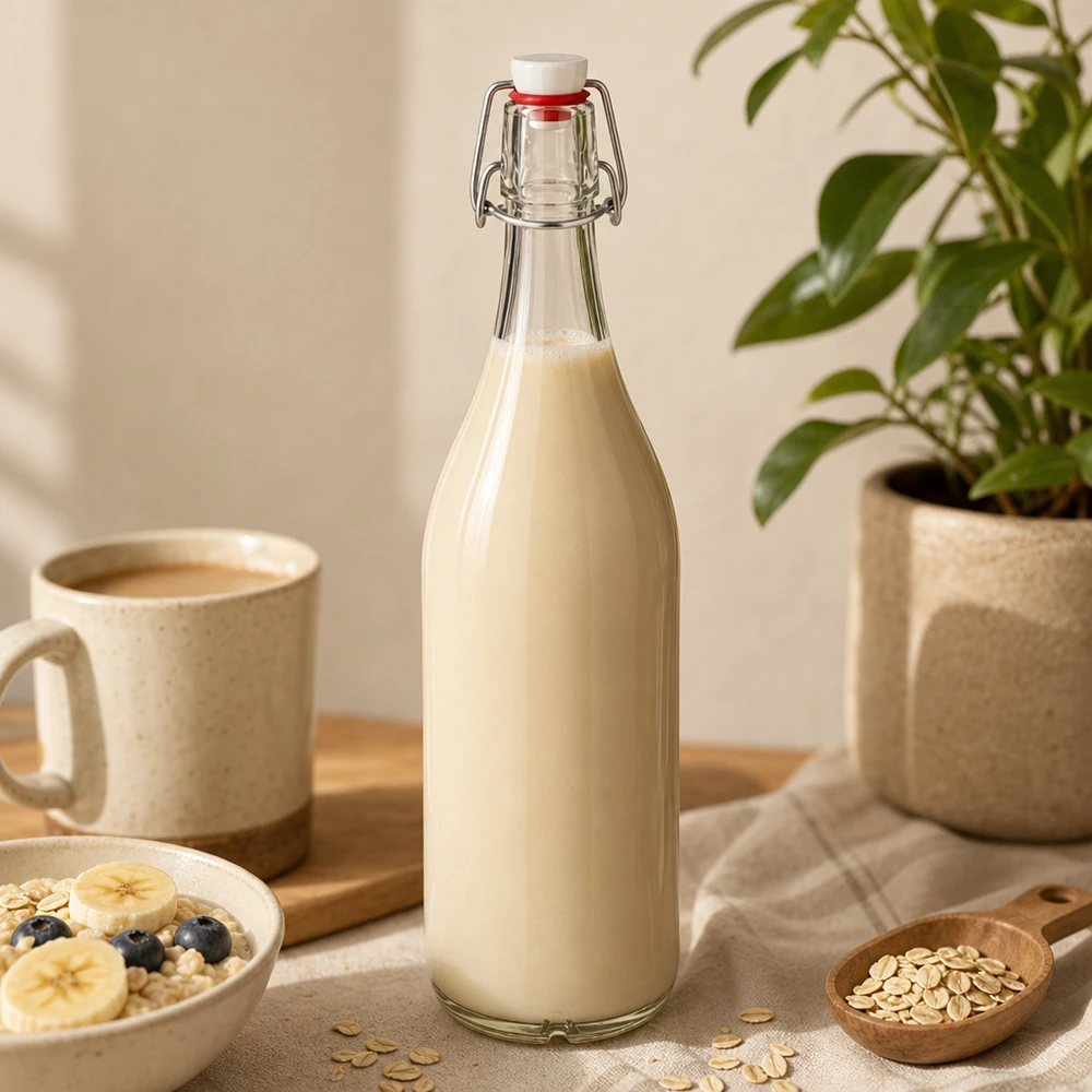 1000ml Glasflasche mit Bügelverschluss gefüllt mit Hafermilch auf Holztisch neben Kaffeetasse und Haferflocken