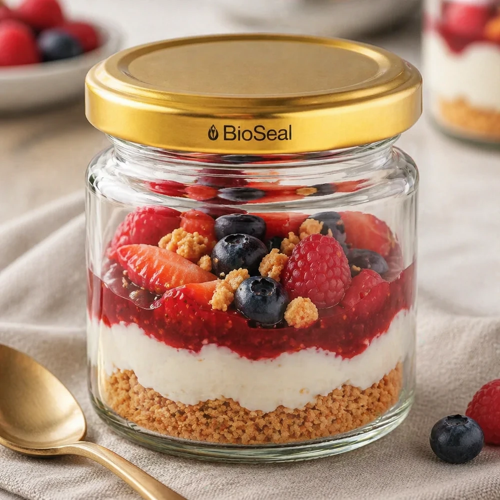 53ml Rundglas mit BioSeal Deckel gold UNiTWIST UNiTWIST Runda53 mit goldenem TO43 BioSeal Deckel als Dessertglas für Beeren-Joghurt-Schichtdessert mit Keksboden