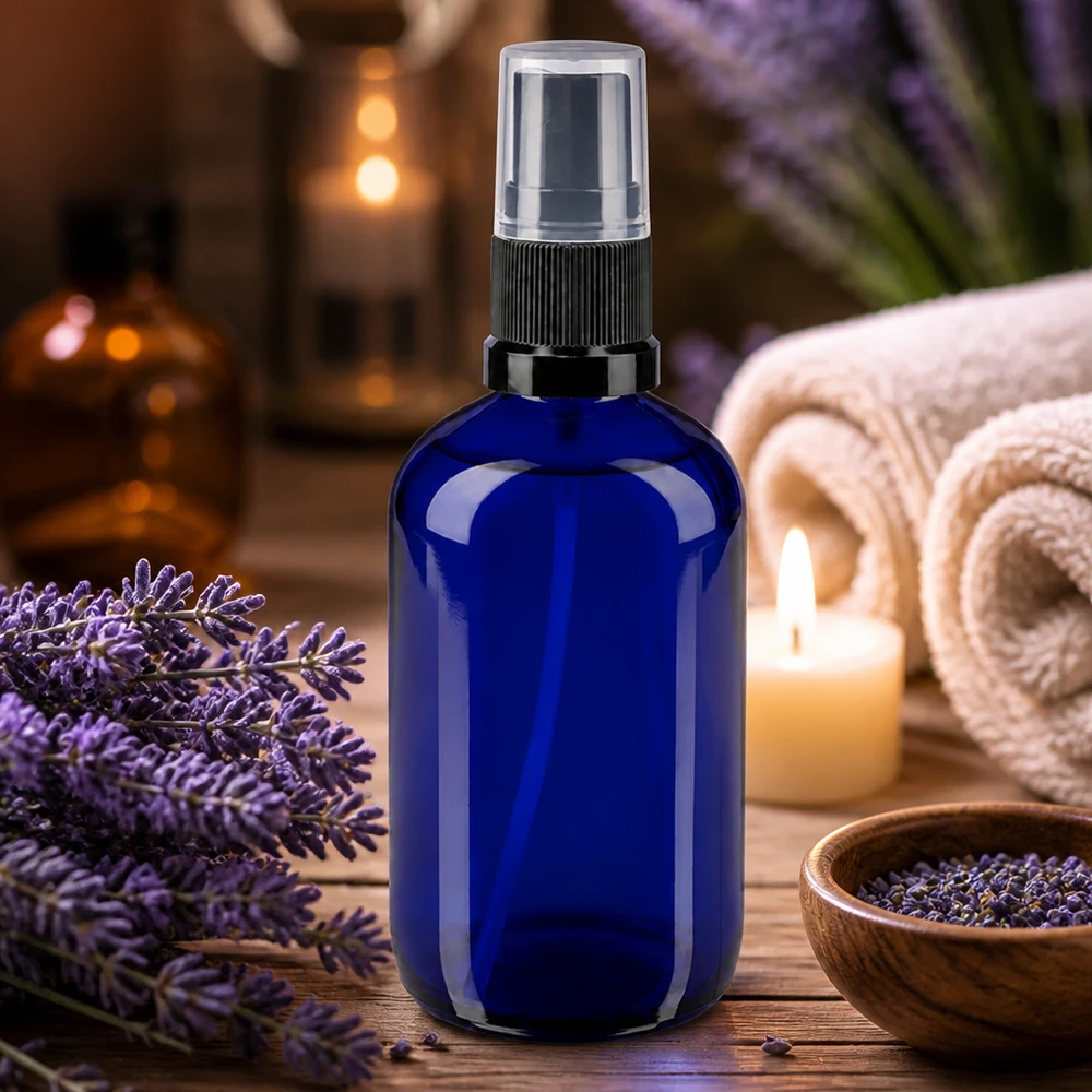Apothekenflasche blau 100ml Sprayaufsatz schwarz Kleine blaue Glassprayflasche 100ml UV-Schutzglas mit schwarzem Pumpkopf