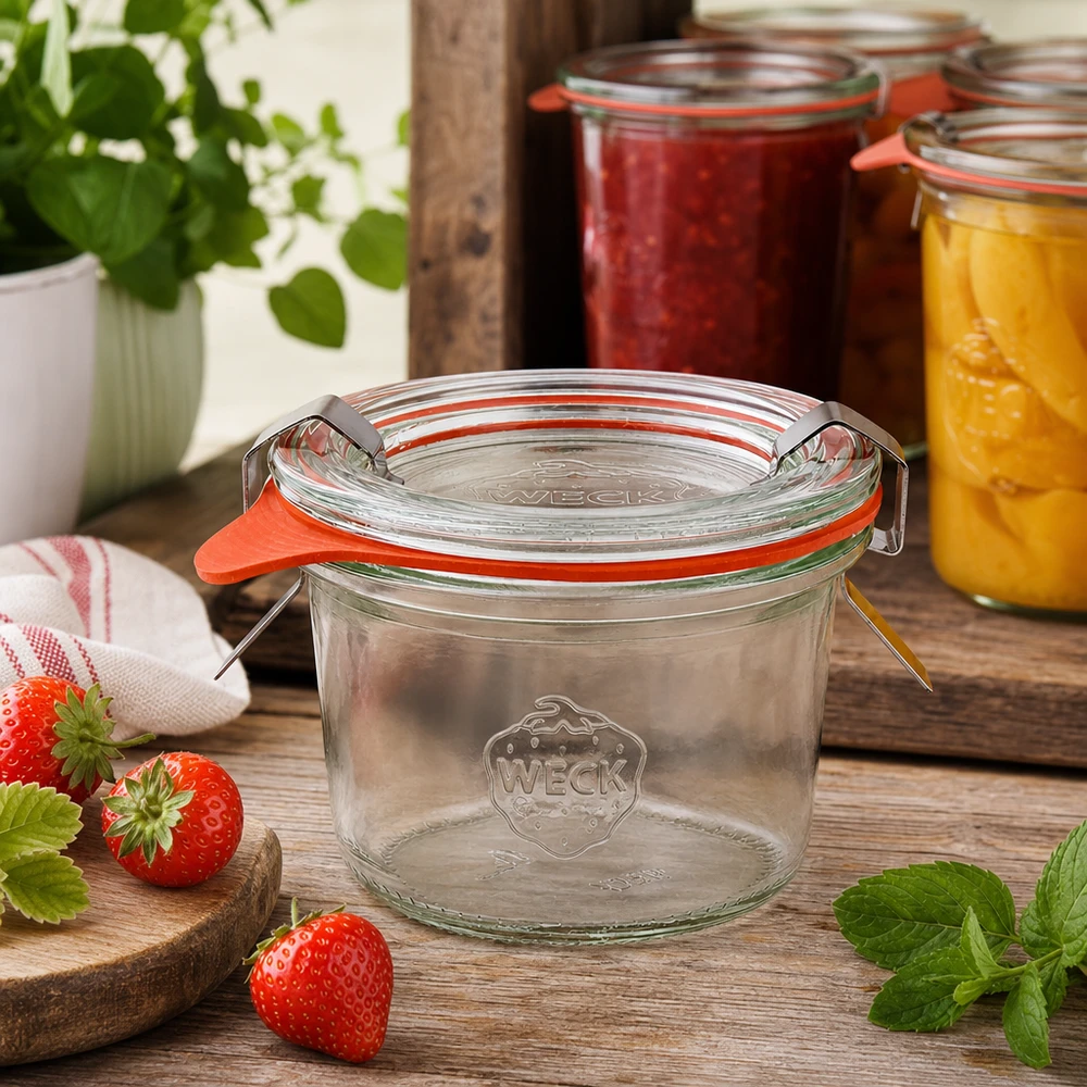 80ml Sturzglas komplett WECK RR60 WECK Sturzglas 80ml RR60 in rustikaler Küche mit Erdbeeren und Einmachgläsern mit Marmelade im Hintergrund