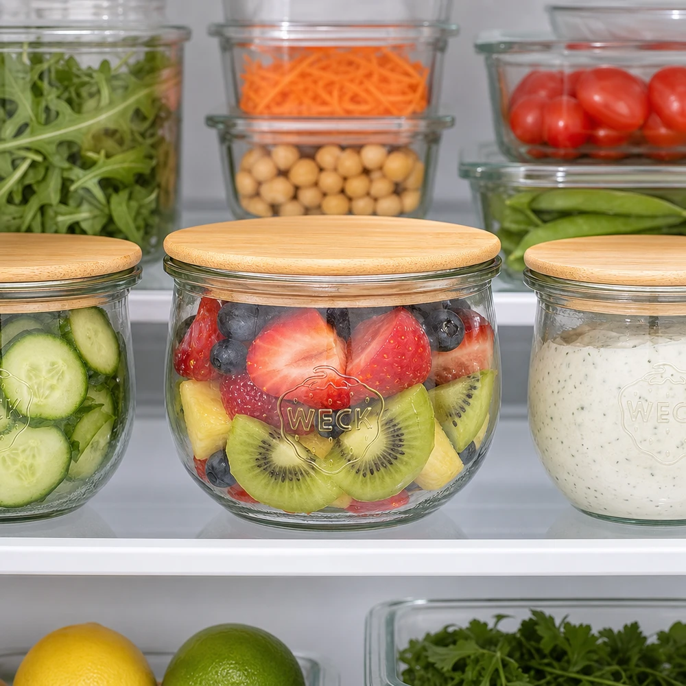 580ml Tulpenglas WECK RR100 mit Holzdeckel WECK Tulpenglas 580ml RR100 mit Holzdeckel im Kühlschrank - perfekt für frische Früchte und gesunde Meal-Prep