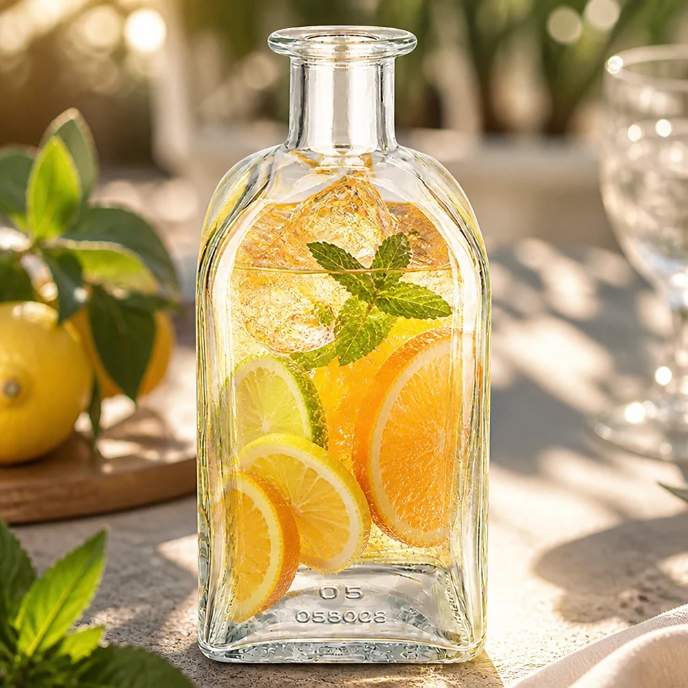 500ml Glasflasche Julia mit Zitrusfrüchte-Infusion und Minze gefüllt in sonniger Gartenambiente als Erfrischungsgetränk