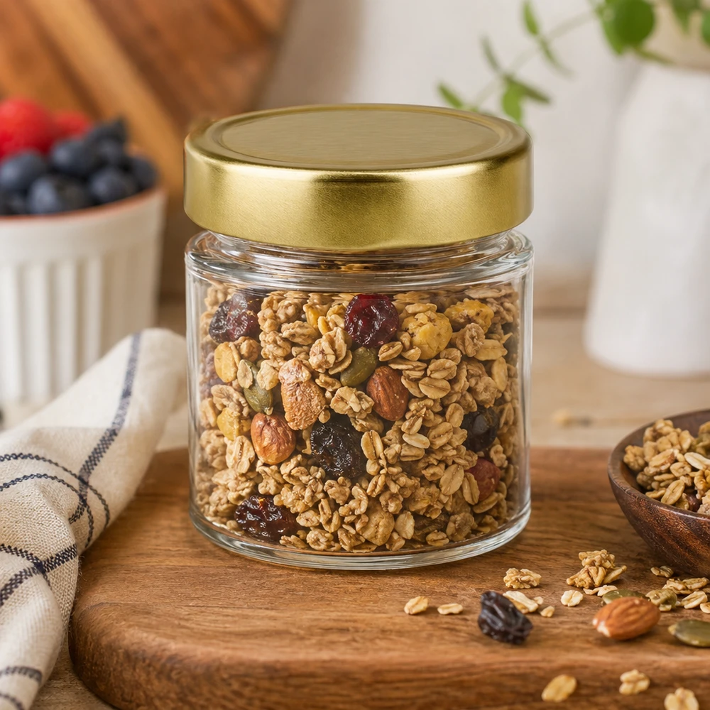 154ml Rundglas BasicSeal gold gefüllt mit Nussmischung Walnüsse Mandeln Rosinen Müsli Granola Holztisch Küche