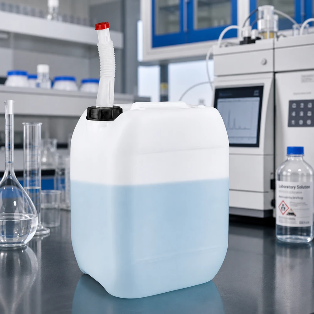 Kanister 10 Liter mit Auslaufrohr Flex Rechteckiger 10 L Kanister mit biegsamem Auslaufrohr und roter Schutzkappe für Laborchemikalien