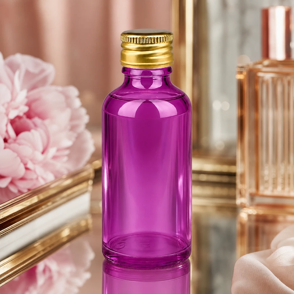 50ml Flasche 11mm Schraubverschluss Alu-Gold Standard PurpleLine. UT18/50 Funktionale 50ml Violettglas-Flasche mit 11mm Öffnung und robustem Alu-Gold Verschluss für den Alltag