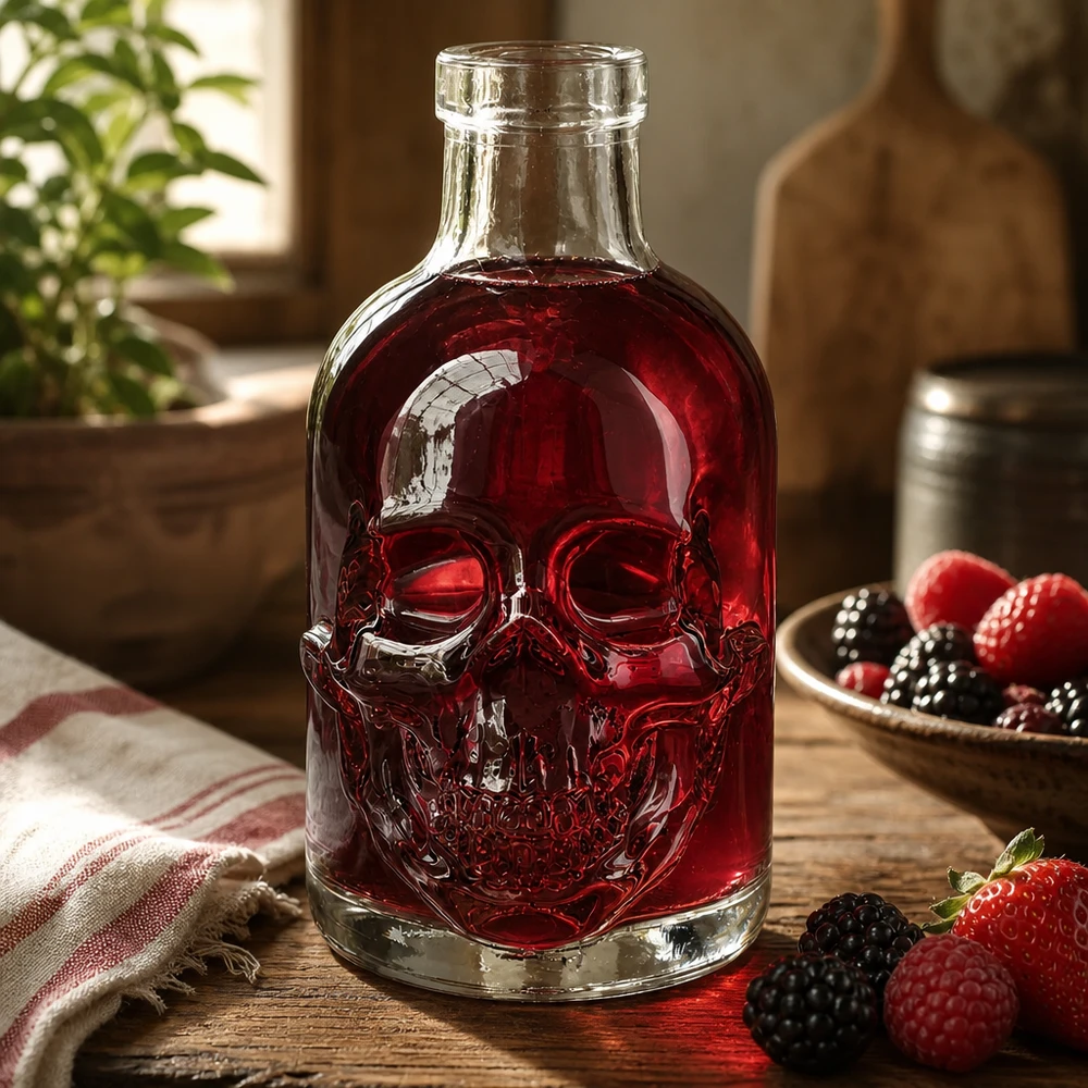 200ml Glasflasche "Jack" ohne Verschluss UNiTWIST Totenkopf Glasflasche Jack 200ml mit roter Flüssigkeit befüllt neben Beeren rustikale Küchendekoration UNiTWIST