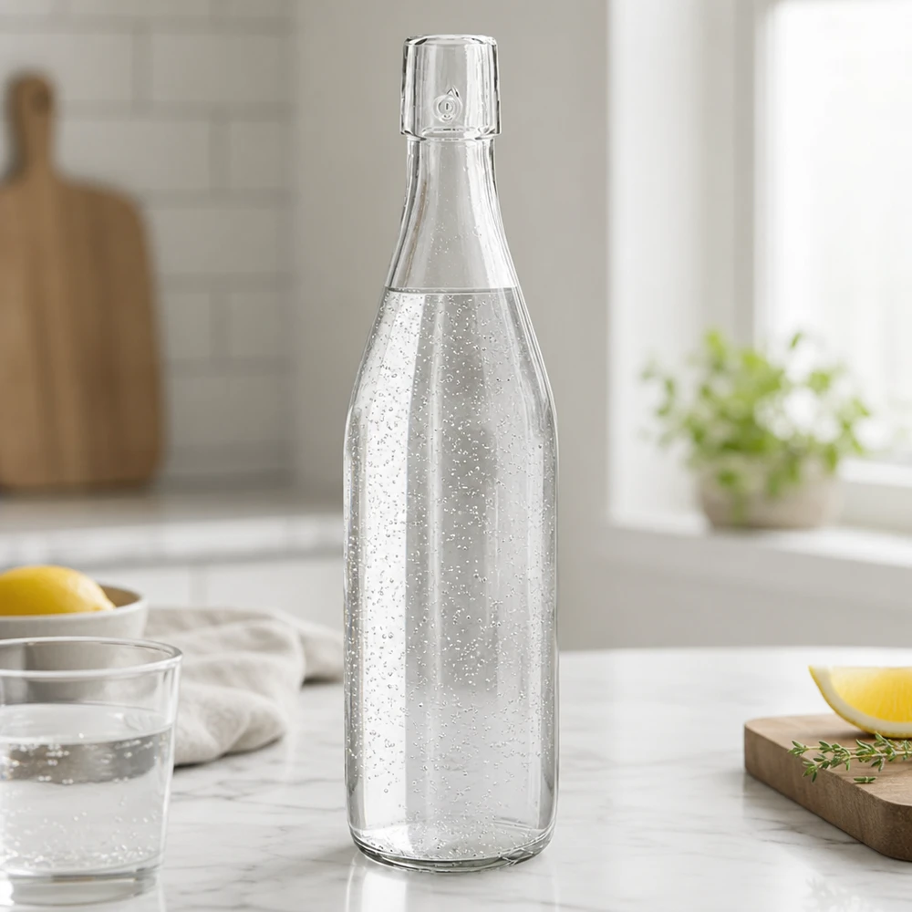 500ml UNiTWIST Glasflasche mit Sprudelwasser befüllt auf Marmortheke in moderner weißer Küche mit Zitrone
