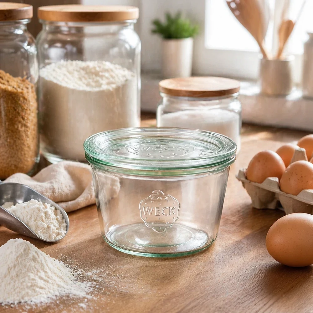 370ml Sturzglas mit Glasdeckel WECK RR100 WECK Sturzglas 370ml RR100 in Küchenambiente mit Mehl Eiern und Backzutaten zum Kochen und Backen