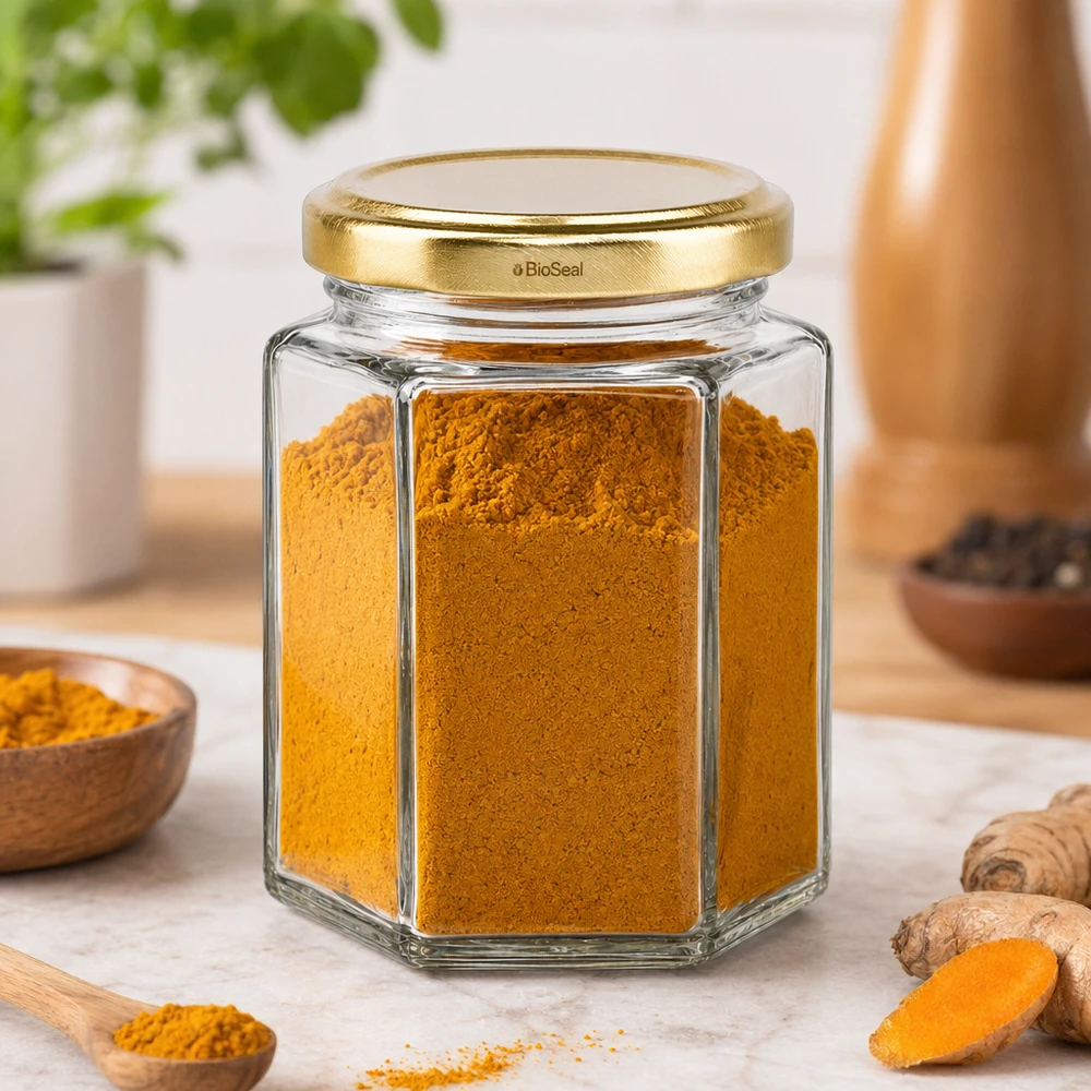 Hexa196 Glas mit goldenem TO58 BioSeal Deckel gefüllt mit Kurkumapulver in Küchenszenerie mit Ingwer