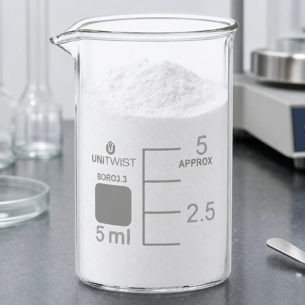 Becherglas 5ml Borosilikat, niedrige Form UNiTWIST Becherglas 5ml niedrige Form Borosilikat 3.3 mit weißem Pulver und sichtbarer Milliliter Skala