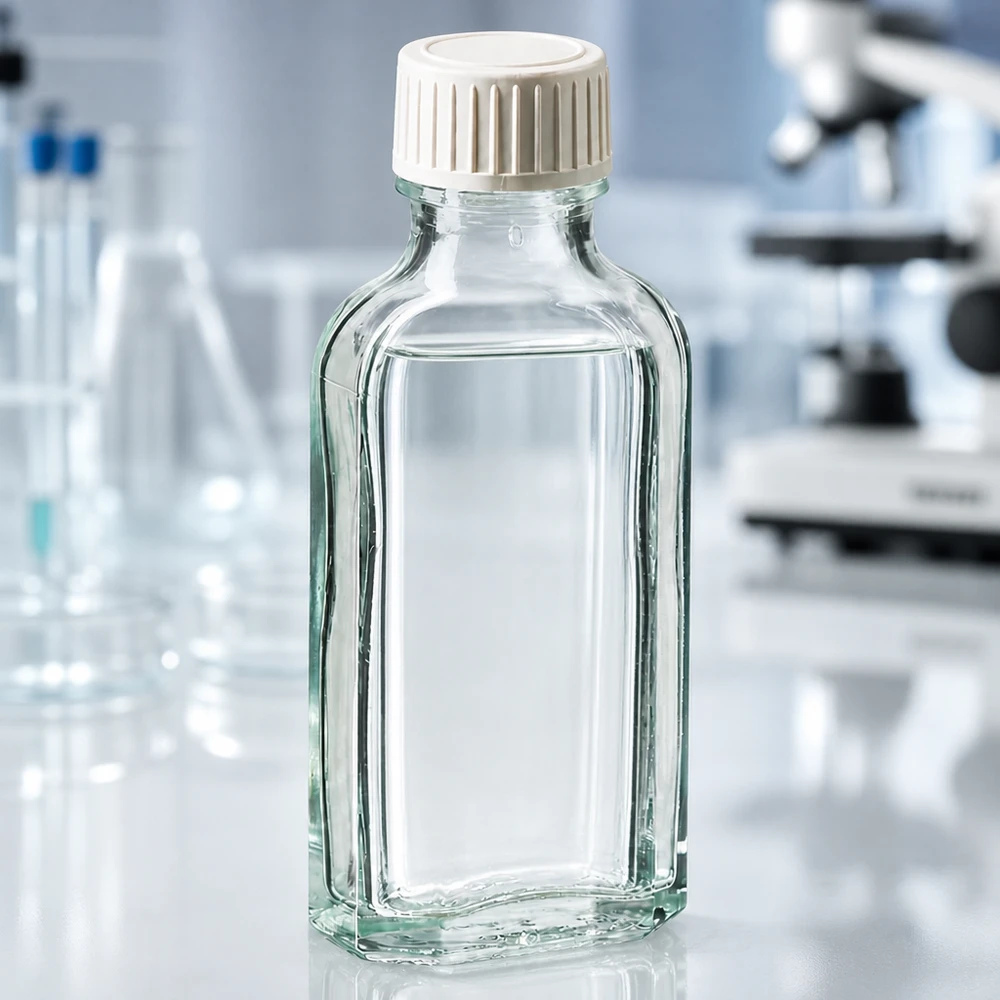 Hochwertige Apothekerflasche 50ml Meplat klar mit weißem PE-Verschluss vor Laborausstattung