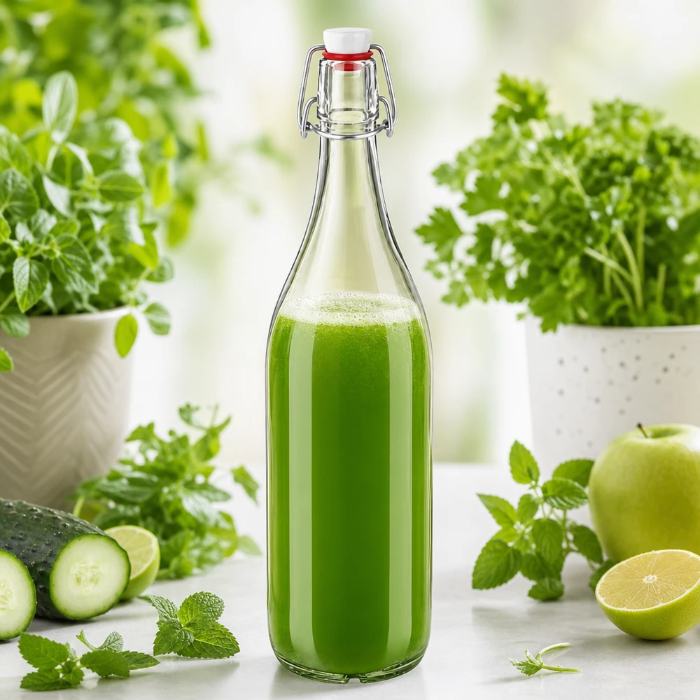 1000ml Glasflasche und Bügelverschluss PVC UNiTWIST 1000ml Glasflasche Bügelverschluss PVC mit grünem Smoothie gefüllt umgeben von frischen Kräutern und Gemüse
