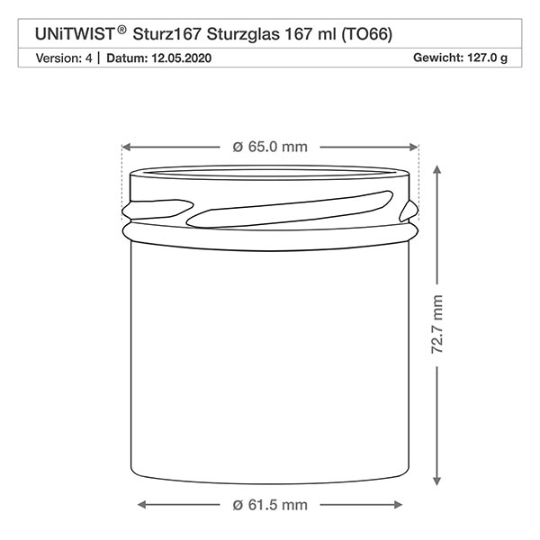 167ml Sturzglas ohne Deckel (TO66) UNiTWIST UNiTWIST Sturz167 Sturzglas 167ml TO66 technische Zeichnung mit Maßen Durchmesser 65mm Höhe 72,7mm Gewicht 127g
