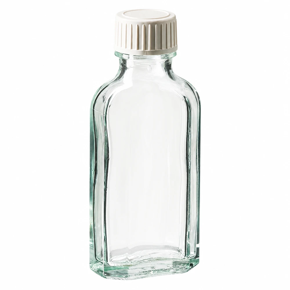 50 ml Meplat klar Schraubverschluss mit PE-Schaumeinlage Transparente 50ml Apothekerflasche Meplat mit weißem Schraubdeckel und Schaumeinlage