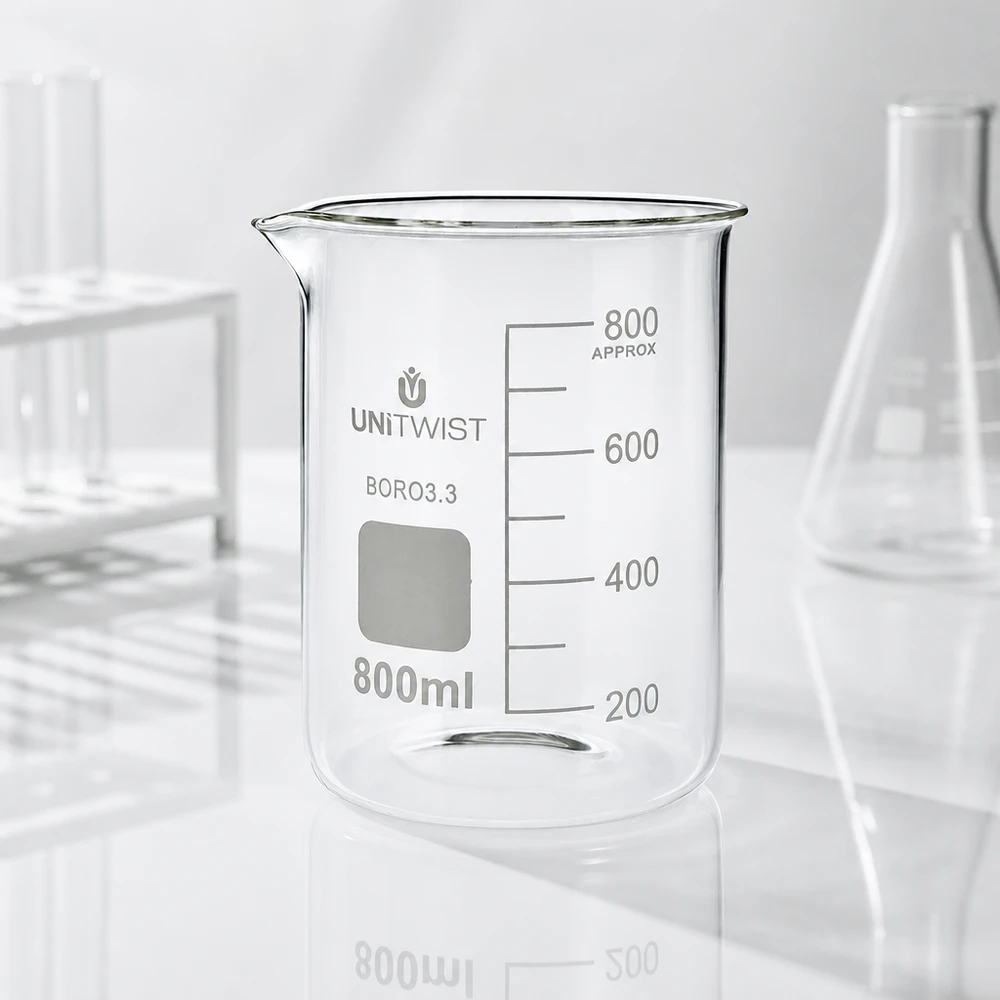 Becherglas 800ml Borosilikat, niedrige Form UNiTWIST UNiTWIST Laborglas 800ml Borosilikat niedrige zylindrische Form mit weißem Beschriftungsfeld