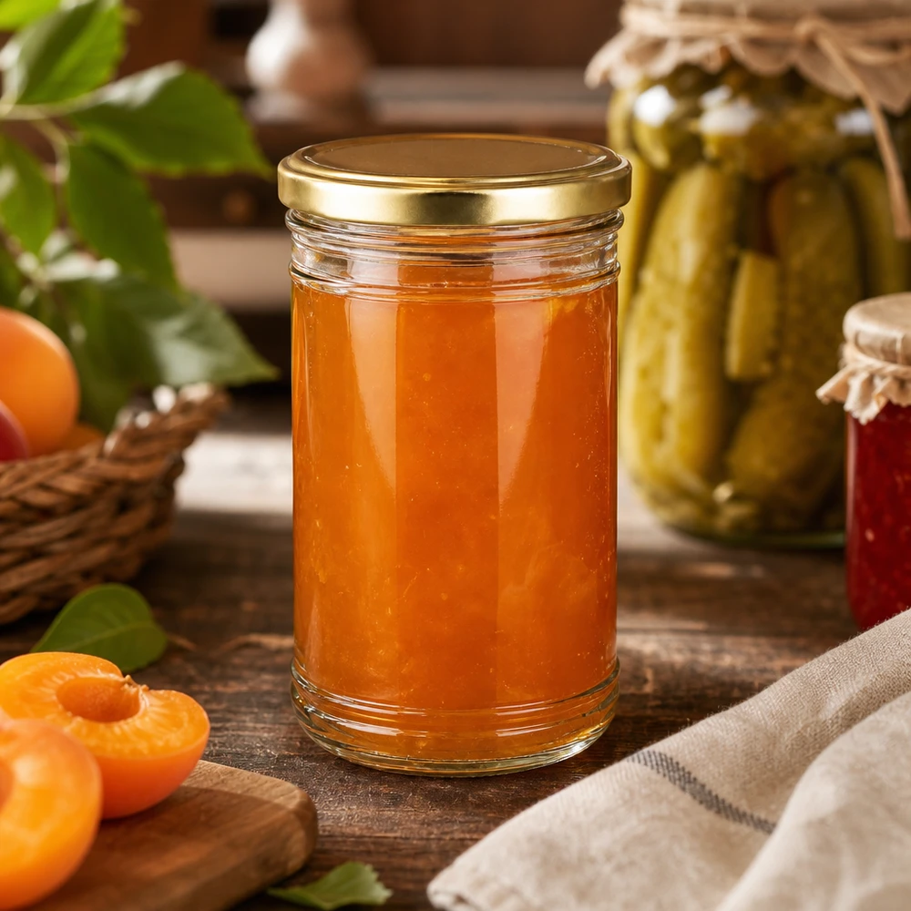 Hausgemachte Aprikosenmarmelade im 1053ml Sturzglas mit goldenem Deckel in rustikaler Küche mit Einmachgläsern