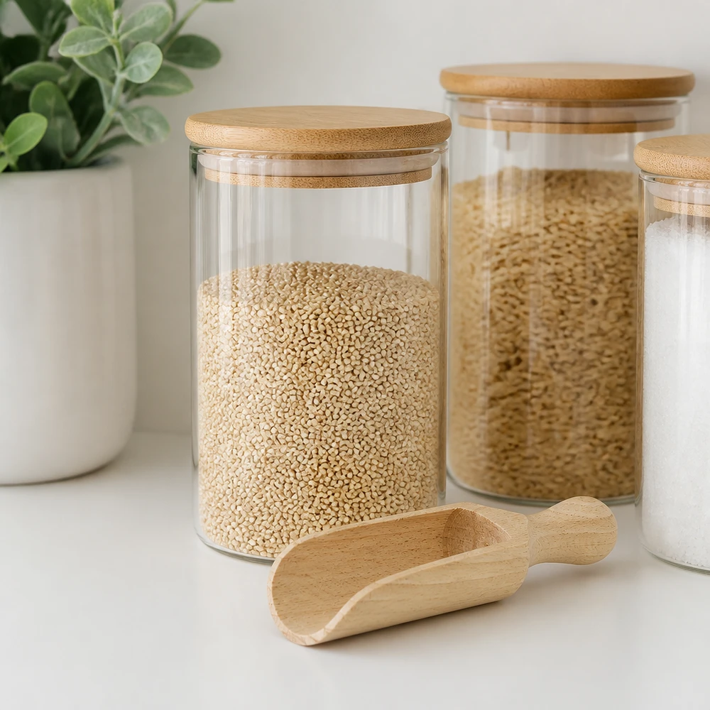 Holzschaufel Grösse M halbrunde Form - 140mm lang Holzschaufel M 14cm mit Vorratsgläsern und Quinoa in moderner Küche - praktisches Küchenhelfer-Styling