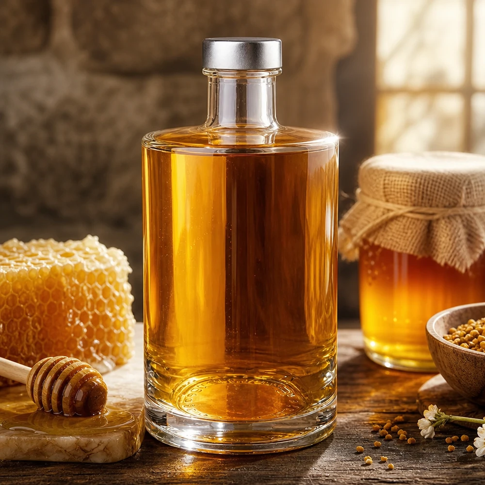 375ml Glasflasche Sam gefüllt mit goldenem Honig neben Wabe und Honigglas - Spirituosenflasche mit Schraubverschluss