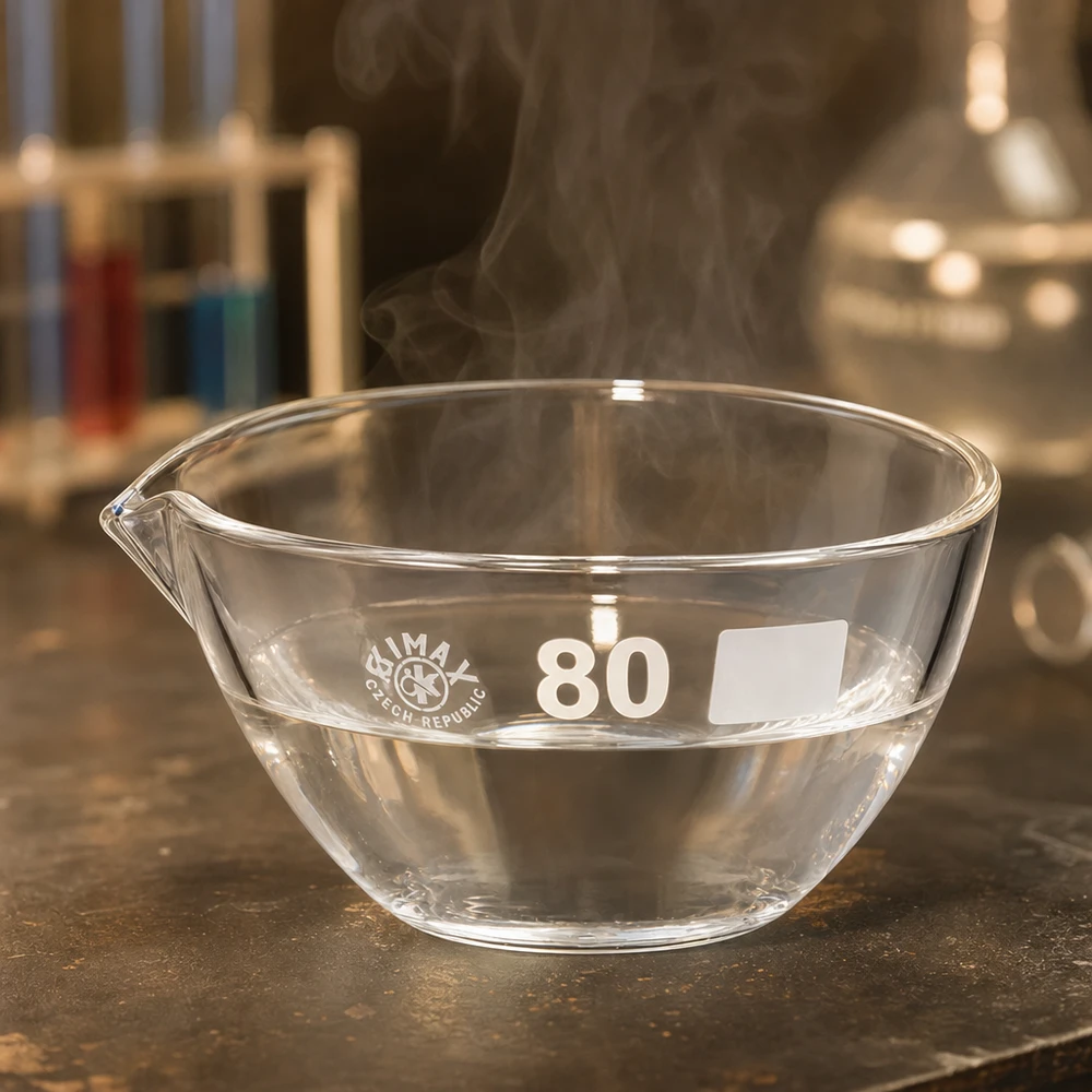 90ml Abdampfschale mit Ausguss Borosilikat ø80mm Chemieresistente Abdampfschale 90ml aus Borosilikat-Glas mit ergonomischem Ausguss