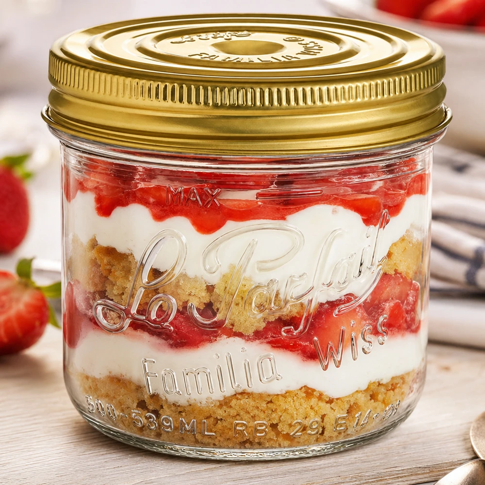539ml Sturzglas "Familia Wiss" 2-teiliges Deckelsystem Le Pa Sturzglas Familia Wiss 539ml mit goldenem Schraubdeckel und Dessert Schichten aus Erdbeeren und Keksboden