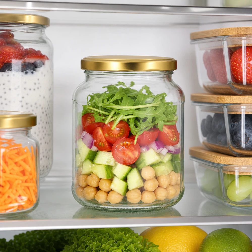 370ml Ovalglas BasicSeal Deckel gold im Kühlschrank mit geschichtetem Salat - UNiTWIST Vorratsglas für Meal Prep