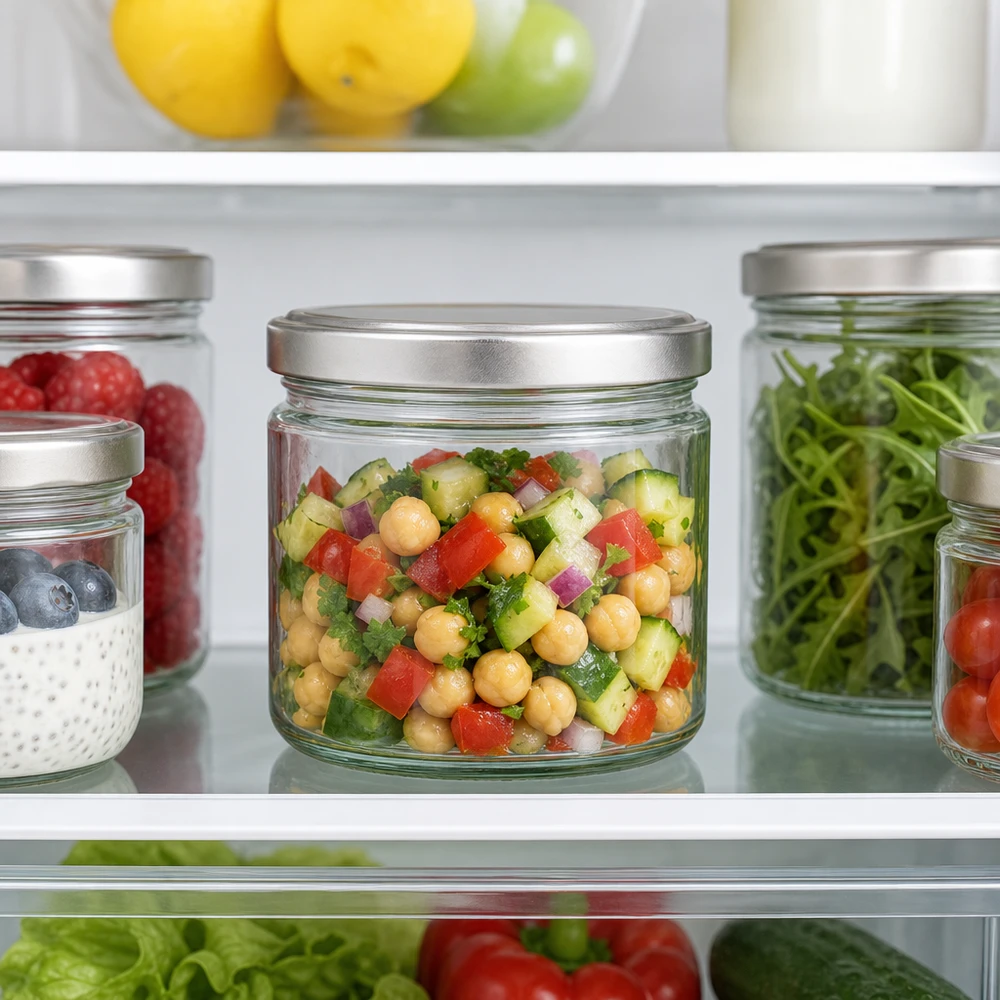 330ml Rundglas mit BasicSeal Deckel im Kühlschrank gefüllt mit Kichererbsensalat neben anderen Vorratsgläsern