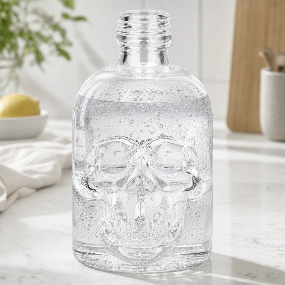 Glasflasche Hector 50ml mit Totenkopf-Prägung gefüllt mit Wasser auf weißer Küchenarbeitsplatte moderne Einrichtung