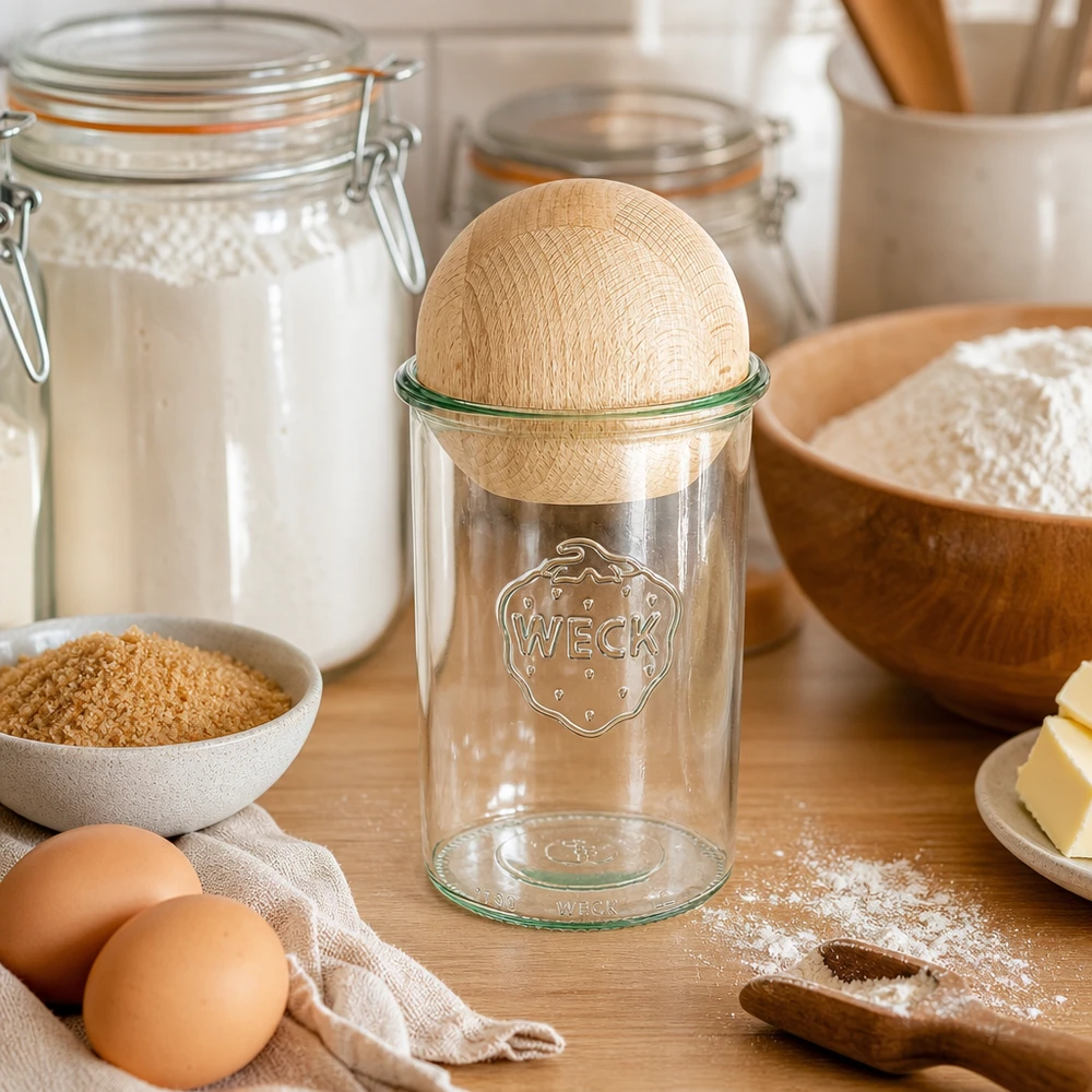 WECK Sturzglas 1000ml RR100 mit Buchenkugel-Deckel in Backzutaten-Kulisse mit Mehl, Eiern und Einmachgläsern