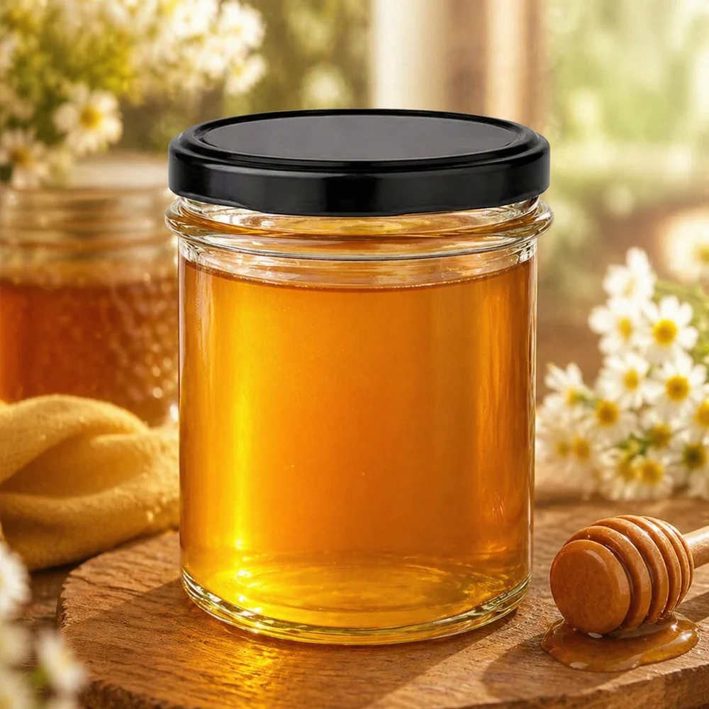 230ml Sturzglas mit BasicSeal Deckel schwarz UNiTWIST 230ml Sturzglas mit schwarzem Deckel gefüllt mit goldenem Honig neben Honiglöffel auf Holzbrett natürliche Dekoration