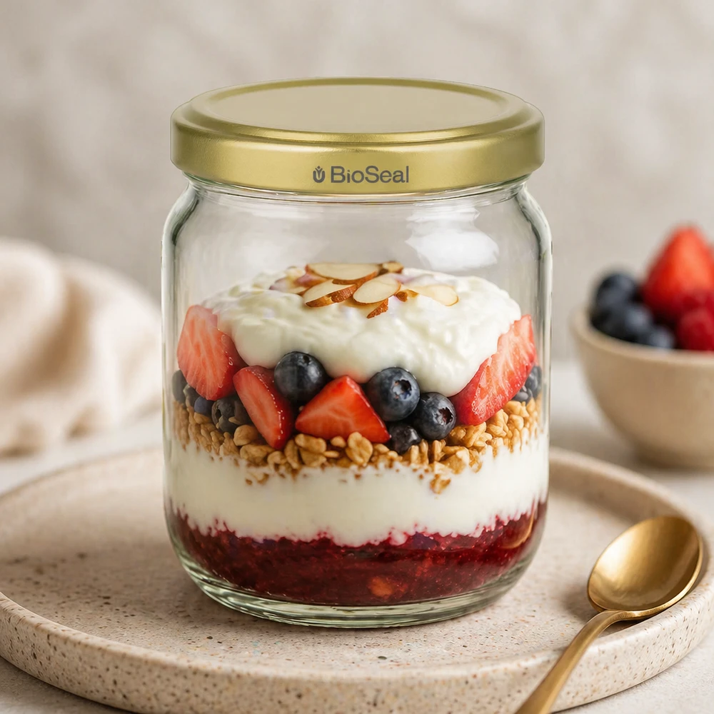 500g Honigglas mit goldenem Deckel BioSeal UNiTWIST 500g BioSeal Honigglas als Frühstücksbehälter mit Joghurt Beeren Müsli Schichtdessert und goldenem Löffel